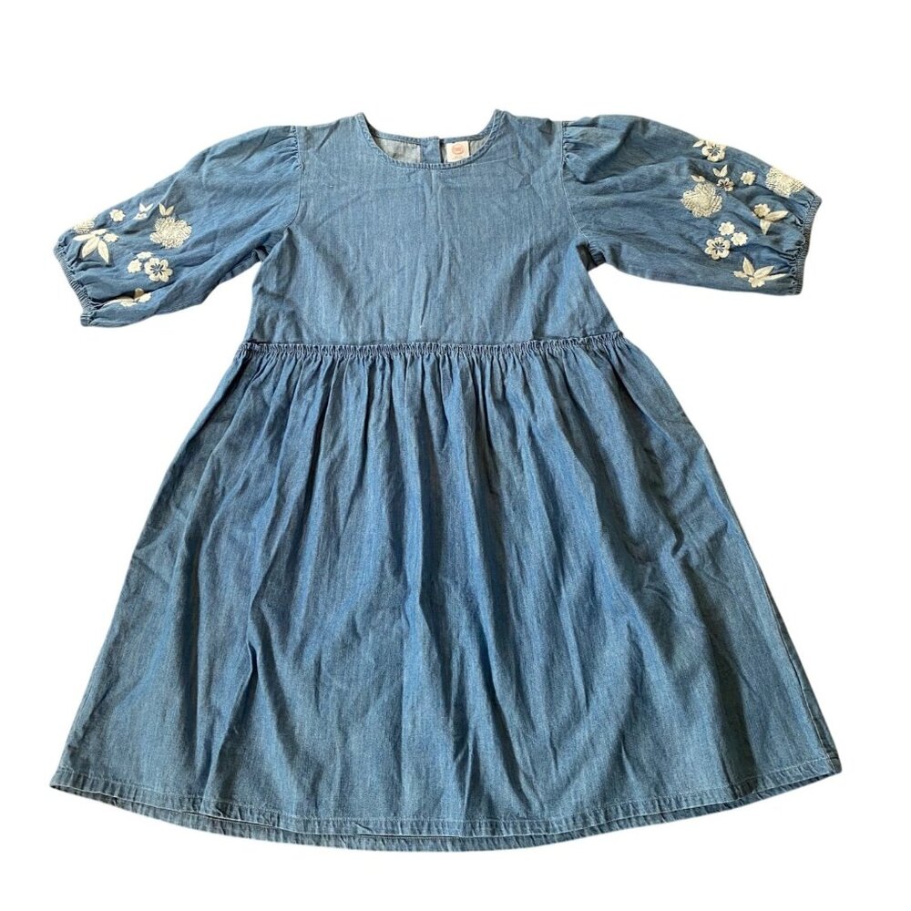 Wonder Nation Girls Denim Dress Embroidered Floral Puff Sleeve XXL (18)